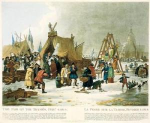 The Frost Fair of 1814 on the River Thames in London. Painting by Luke Clenell, entitled The Fair on the Thames, February 4th 1814