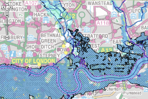 The Environment Agency's Flood Plan map of the Thames illustrates Howard's comment that "the Thames was so full during this time that no tide was perceptible"