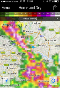 The radar at 3am, produced by the excellent Hone and Dry, revealed that the storm's rainfall was quite widespread. The white areas show the most intense rainfall
