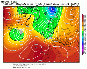This reanalysis chart shows the depression centred just off Denmark that brought gales in the North Sea, forcing naval destroyers away from escorting cruisers including Hogue